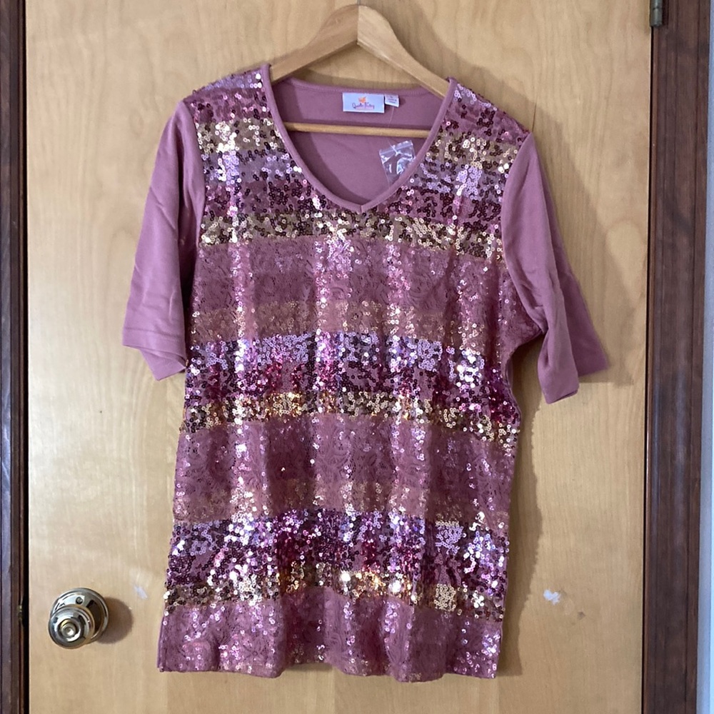 Sequin Striped Short Sleeve Top - Pink